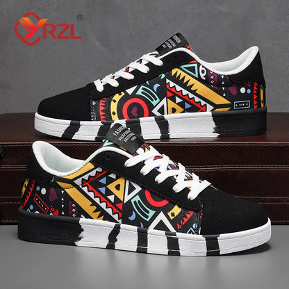 YRZL Men's Sports Running Shoes Canvas Geometric Style Lace-Up Sneakers Couples' Fashionable Graffiti Print Skate Shoes Men Shello's Creative Boutique