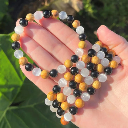 8mm Black Tourmaline, Selenite & Palo Santo Wood Beaded Bracelet