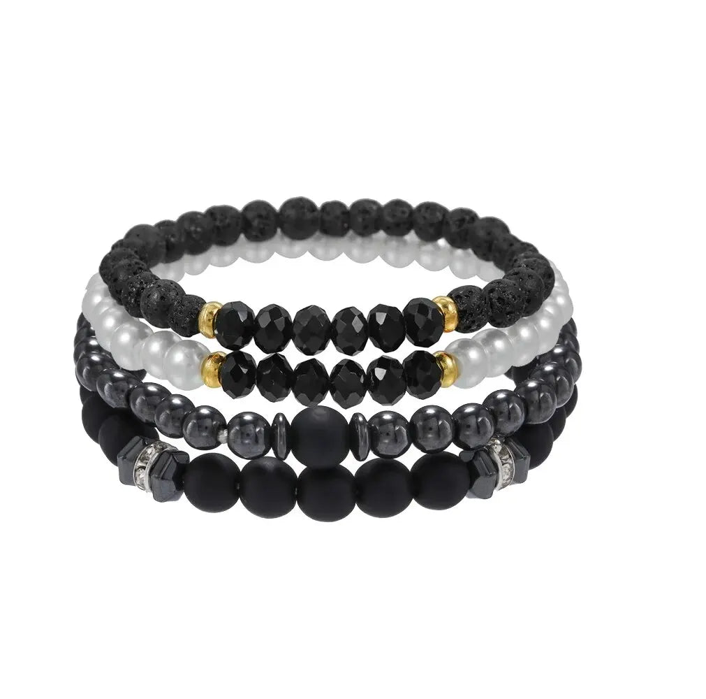 4-Piece Black Stone & Wood Bead Elastic Bracelet Set – Men's & Couples Jewellery