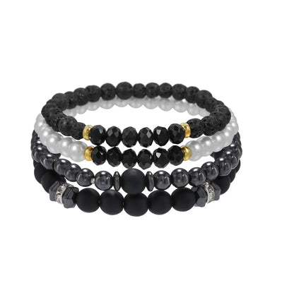 4-Piece Black Stone & Wood Bead Elastic Bracelet Set – Men's & Couples Jewellery