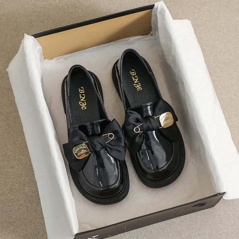 Women's British Style Leather Flats - Retro Bow Soft Sole Shoes - Shello's Creative Boutique