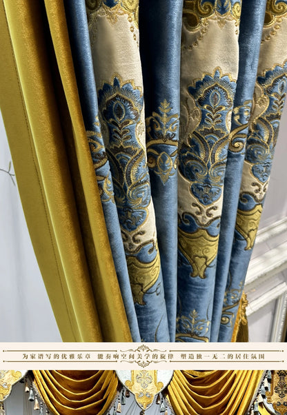 French European Blue Velvet Blackout Curtains - Custom Bay Window Drapes with Tulle Valance