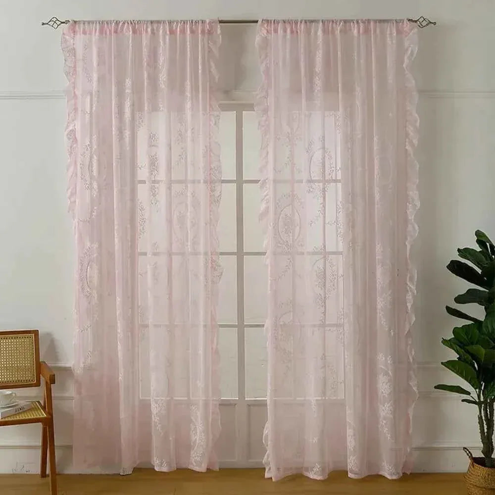 French Lace Sheer Curtains - Romantic Ruffled Floral Embroidery (2 Panels) - Shello's Creative Boutique