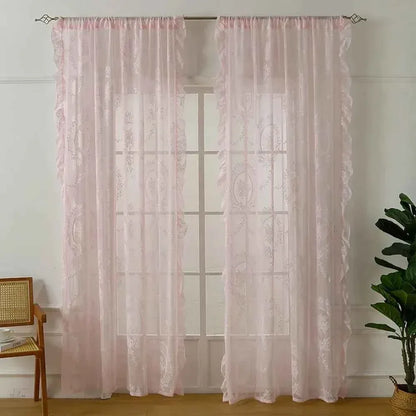 French Lace Sheer Curtains - Romantic Ruffled Floral Embroidery (2 Panels) - Shello's Creative Boutique