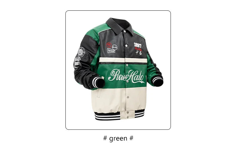 Women's Faux Leather Jacket Motorcycle Bomber Windproof Coat Spring&Autumn Warm Plus Size Baseball Coat Color-blocked Embroidery - Shello's Creative Boutique