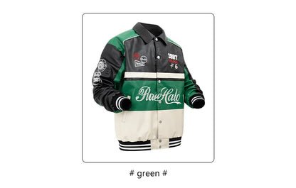 Women's Faux Leather Jacket Motorcycle Bomber Windproof Coat Spring&Autumn Warm Plus Size Baseball Coat Color-blocked Embroidery - Shello's Creative Boutique