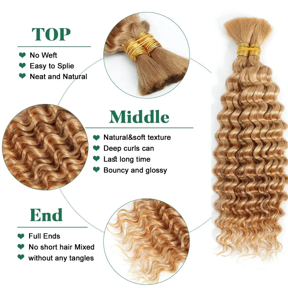 Blonde Highlight Bulk Braiding Hair - Deep Wave Curly Human Hair 100g for Boho Braids - Shello's Creative Boutique