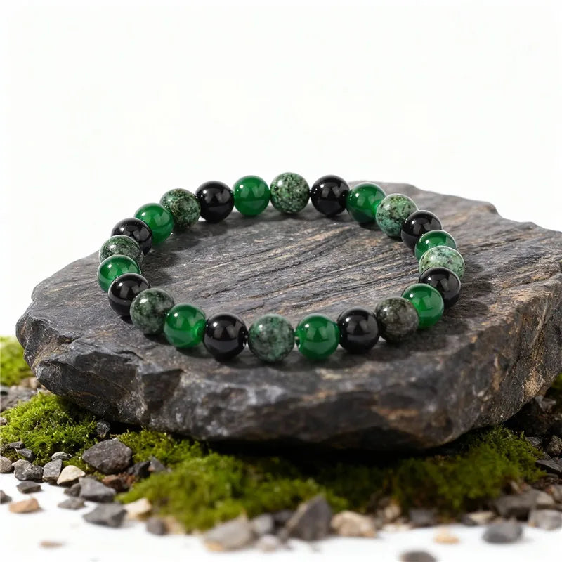 8mm Green & Black Natural Stone Beaded Bracelet – Handmade Elastic