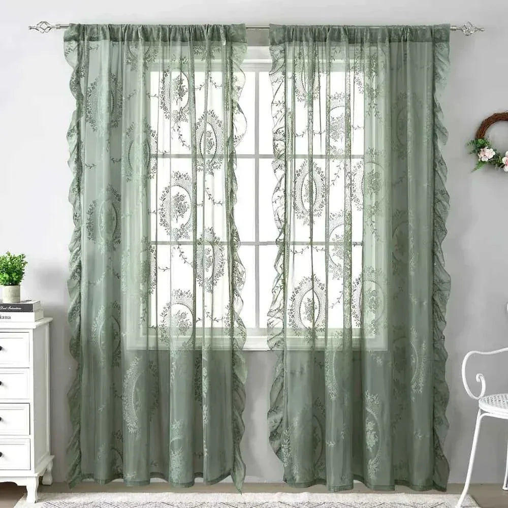 French Lace Sheer Curtains - Romantic Ruffled Floral Embroidery (2 Panels) - Shello's Creative Boutique