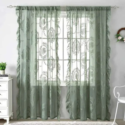 French Lace Sheer Curtains - Romantic Ruffled Floral Embroidery (2 Panels) - Shello's Creative Boutique