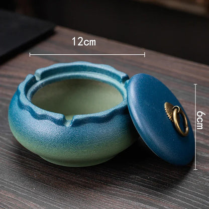 Creative Ceramic Ashtray with Lid – Anti-Fly Ash Desktop Ornament, 18 Styles