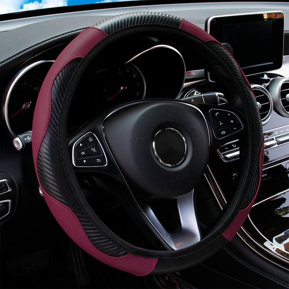 PU Carbon Fiber Leather Car Steering Wheel Cover - 14.5-15 Inches