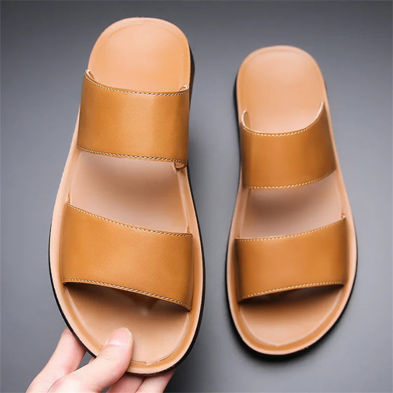 Men's Luxury Leather - Non-Slip Beach Sandals & Flat Casual Slides (Large Size 48) - Shello's Creative Boutique