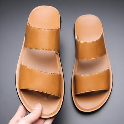 Men's Luxury Leather - Non-Slip Beach Sandals & Flat Casual Slides (Large Size 48) - Shello's Creative Boutique