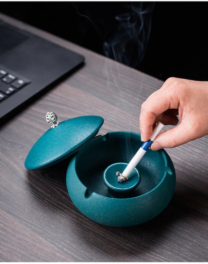Creative Ceramic Ashtray with Lid – Anti-Fly Ash Desktop Ornament, 18 Styles