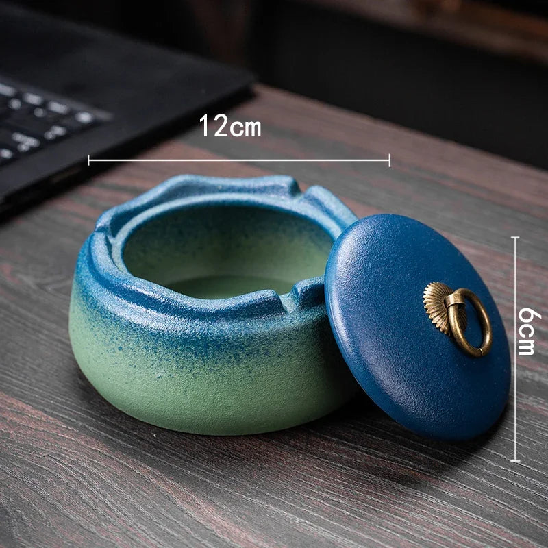 Creative Ceramic Ashtray with Lid – Anti-Fly Ash Desktop Ornament, 18 Styles