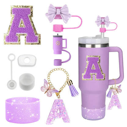 8PCS Accessories Set for Stanley Cup Purple 30oz 40oz tumbler Silicone Straw Topper Cover Cap Boot Handle Charm Initials Sticker - Shello's Creative Boutique