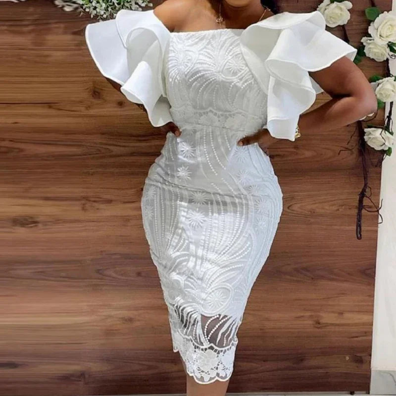 White Lace Dress - Ruffle Sleeve Knee-Length Party Dress - Shello's Creative Boutique
