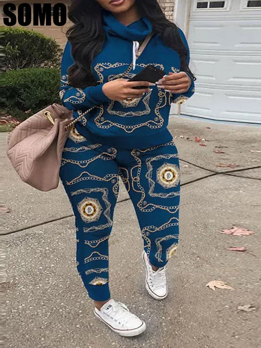 SOMO Plus Size Two Piece Set Women Outfit High Neck Hoodies Sweatshirt Pants Tracksuit Streetwear Suit Wholesale Dropshipping - Shello's Creative Boutique
