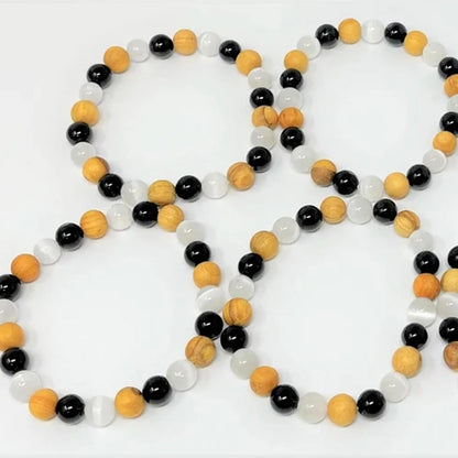 8mm Black Tourmaline, Selenite & Palo Santo Wood Beaded Bracelet