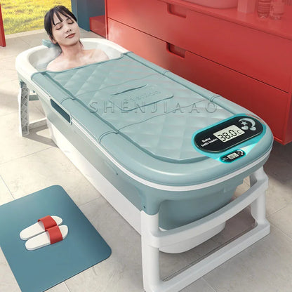 Foldable Adult Bath Barrel – Thickened Plastic Sitting Bathtub with Foot Massage & Lid