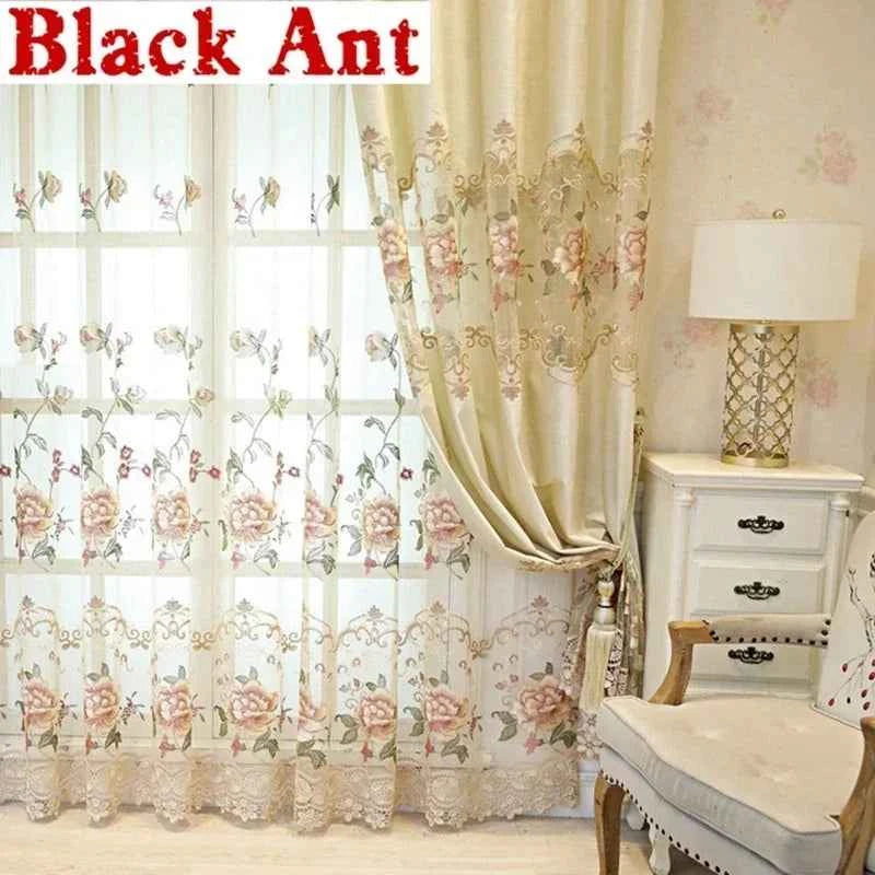 European Luxury Velvet Curtains - Embroidered Floral Tulle Blackout Drapes for Living Room