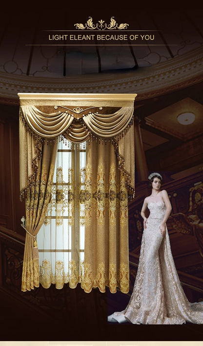 European Luxury Chenille Embroidered Curtains - Coffee Color Villa Valance for Living Room & Bedroom - Shello's Creative Boutique