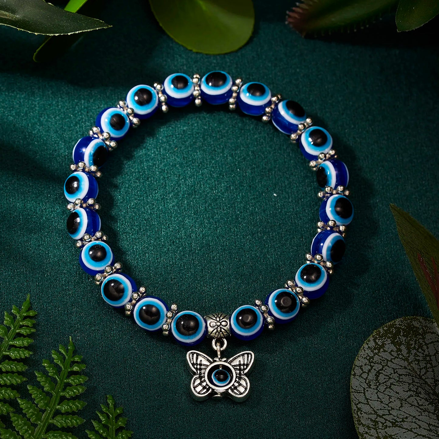 Evil Eye Palm & Butterfly Charm Bracelet – Blue Evil Eye Handmade Bead Bangle