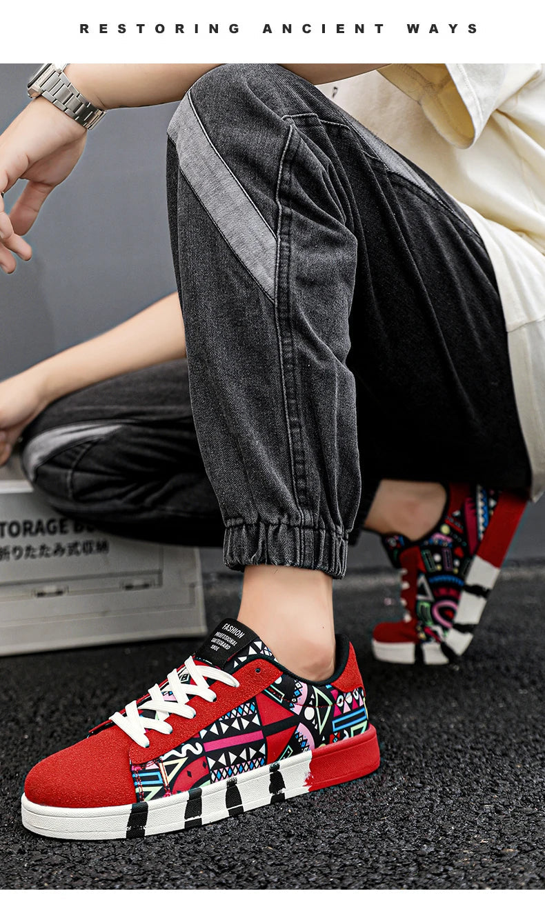 YRZL Men's Sports Running Shoes Canvas Geometric Style Lace-Up Sneakers Couples' Fashionable Graffiti Print Skate Shoes Men Shello's Creative Boutique