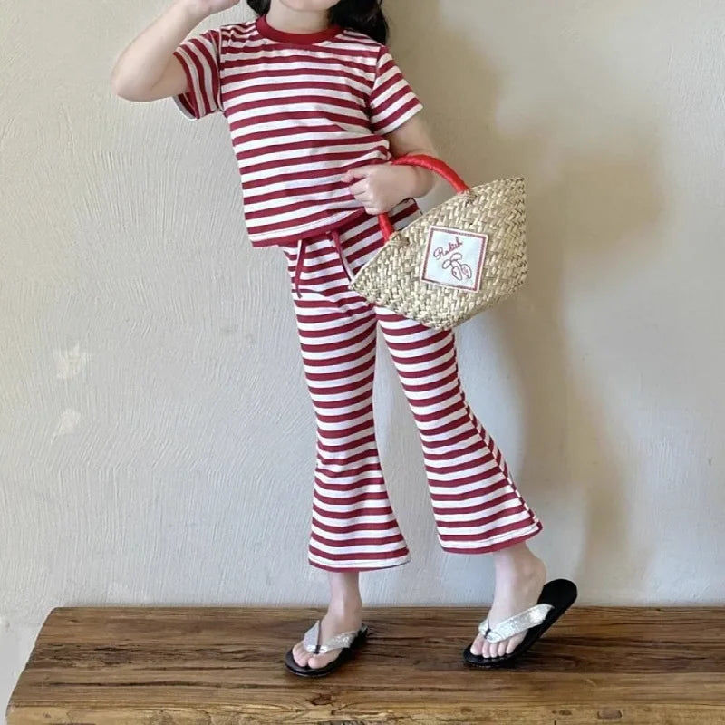 Girls’ Summer Line-Drawing 2-Piece Set – Striped Art-Inspired Tee & Wide-Leg Culottes Shello's Creative Boutique