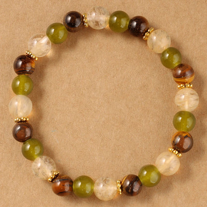 Tiger Eye, Citrine & Green Jade Natural Stone Beaded Bracelet with Gold Spacers
