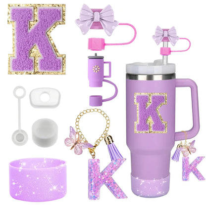8PCS Accessories Set for Stanley Cup Purple 30oz 40oz tumbler Silicone Straw Topper Cover Cap Boot Handle Charm Initials Sticker - Shello's Creative Boutique