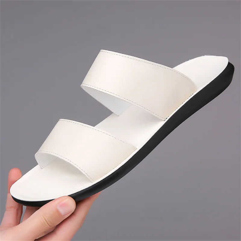 Men's Luxury Leather - Non-Slip Beach Sandals & Flat Casual Slides (Large Size 48) - Shello's Creative Boutique