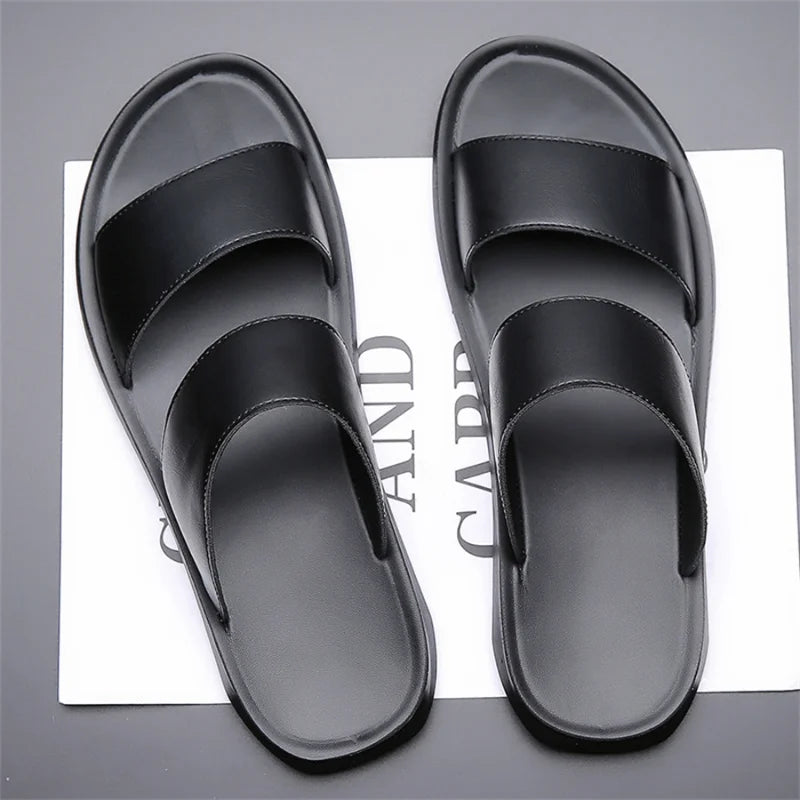 Men's Luxury Leather - Non-Slip Beach Sandals & Flat Casual Slides (Large Size 48) - Shello's Creative Boutique