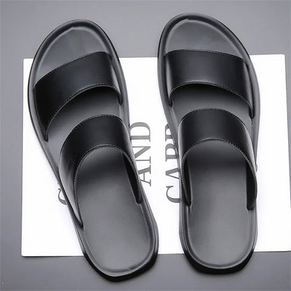 Men's Luxury Leather - Non-Slip Beach Sandals & Flat Casual Slides (Large Size 48) - Shello's Creative Boutique