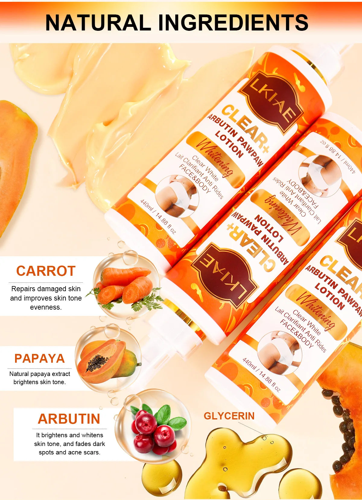 LKIAE Clear Arbutin Pawpaw Whitening Body Lotion, Moisturizing Cream, Improve Rough Skin, Remove Dark Spots, Melanin - Shello's Creative Boutique