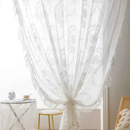 French Lace Sheer Curtains - Romantic Ruffled Floral Embroidery (2 Panels) - Shello's Creative Boutique