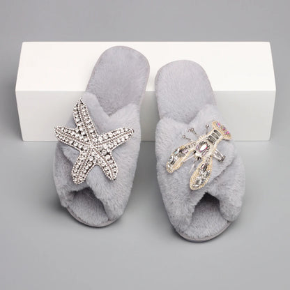 Women's Fur Slides - Fluffy Cross Strap Slippers with Starfish Lobster Decor - Shello's Creative Boutique