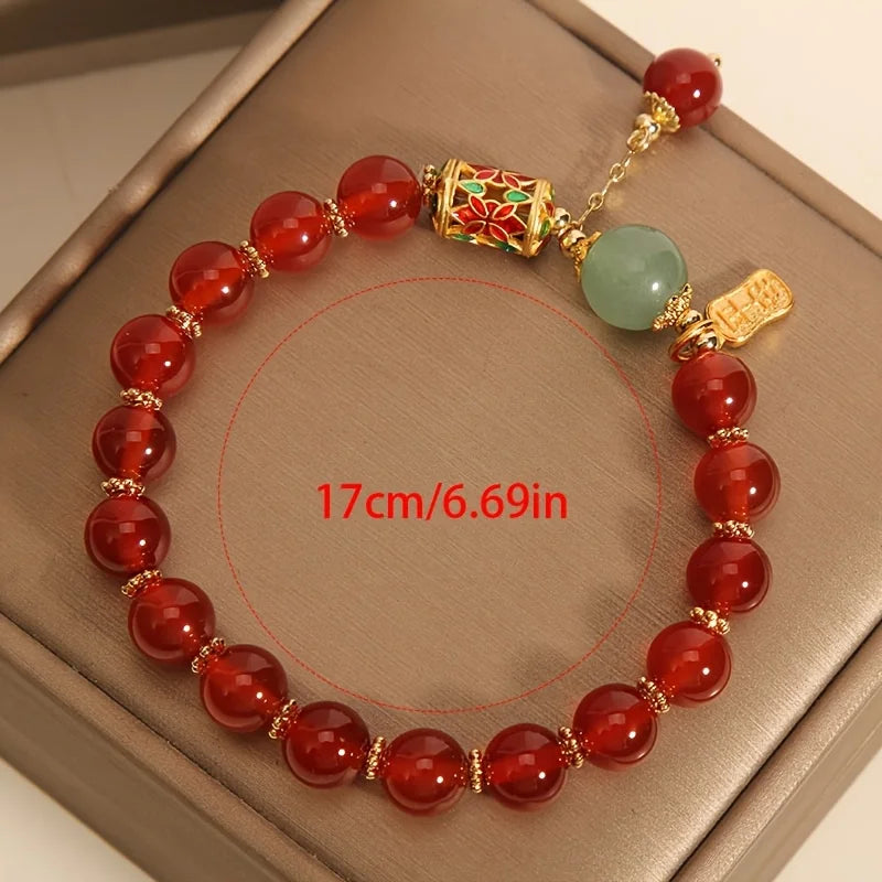 Retro Synthetic Agate Red Bead Bracelet – Lucky Charm Jewellery for Men & Women