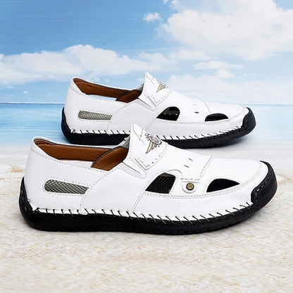 Men's Genuine Leather Beach Sandals - Breathable Hollow-Out Non-Slip Casual Slides