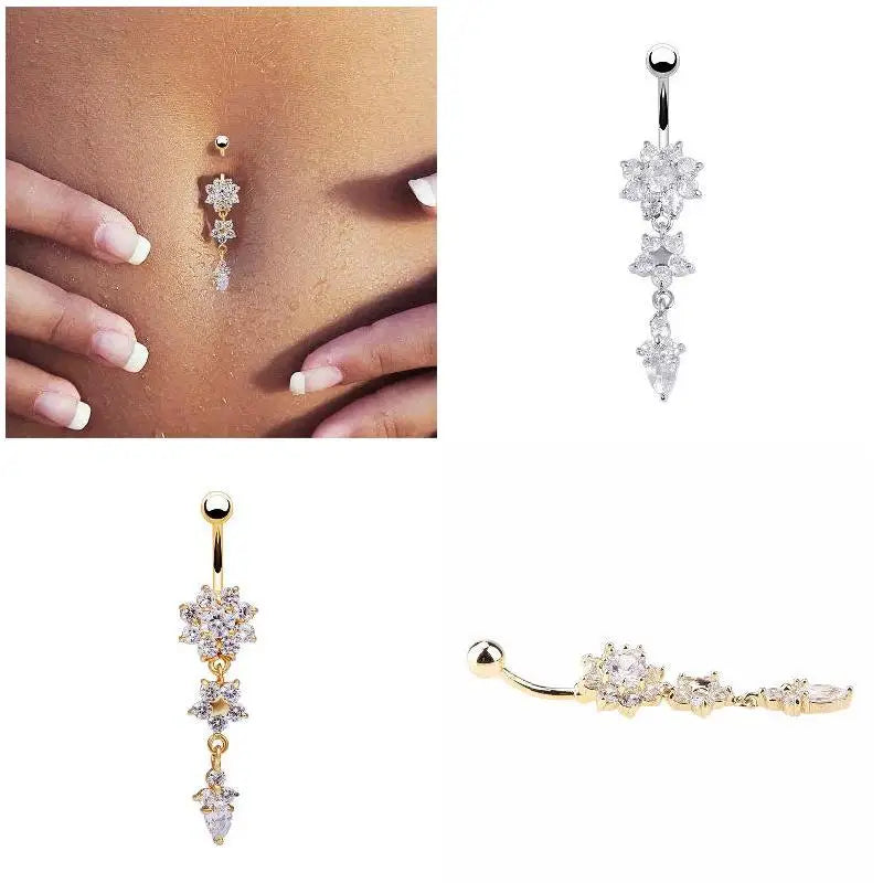 Flower Pendant Crystal Belly Button Ring