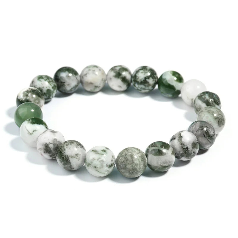 Dendritic Agate Natural Stone Beaded Bracelet – Green & White