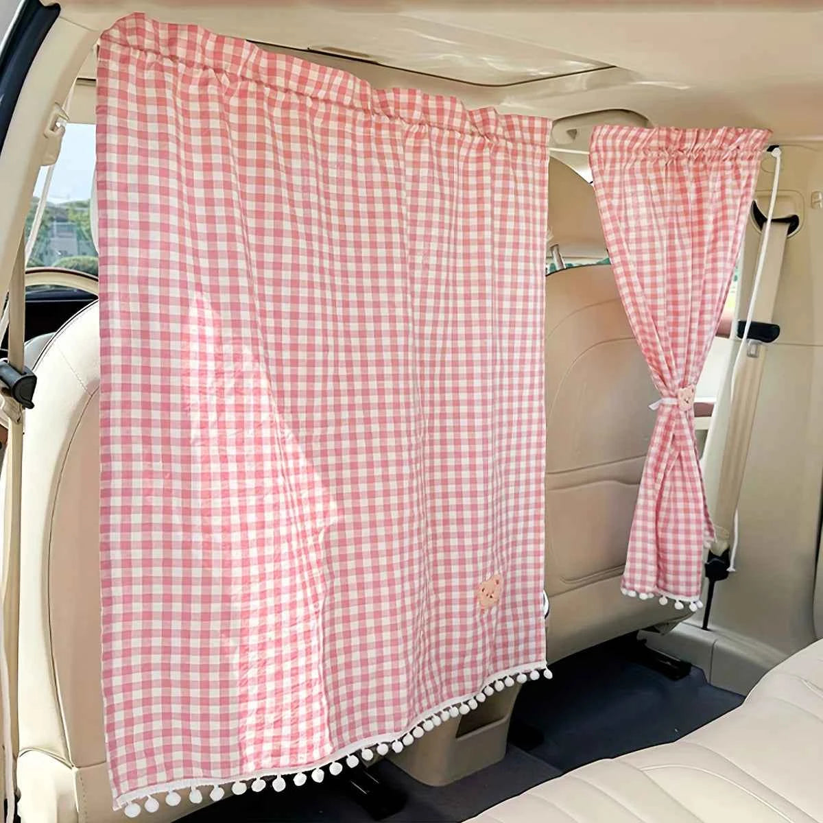 A Set of Car Interior Partition Curtains - Checkered Car Partition Curtains, Sunshade Car Curtains, Cute Bear Design Retractable