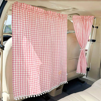 A Set of Car Interior Partition Curtains - Checkered Car Partition Curtains, Sunshade Car Curtains, Cute Bear Design Retractable