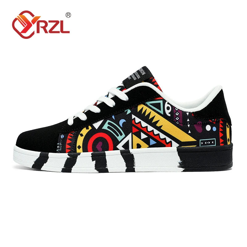 YRZL Men's Sports Running Shoes Canvas Geometric Style Lace-Up Sneakers Couples' Fashionable Graffiti Print Skate Shoes Men Shello's Creative Boutique