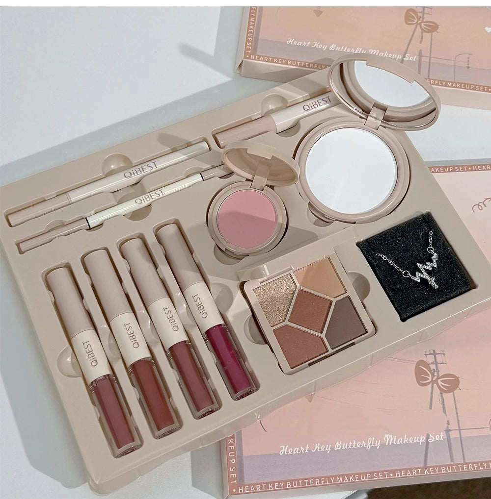Makeup Gift Box Butterfly Bow Heart Limited Lipstick Powder Blush Eyeshadow Makeup Gift Box Set and Necklace Gifts for Women - Shello's Creative Boutique