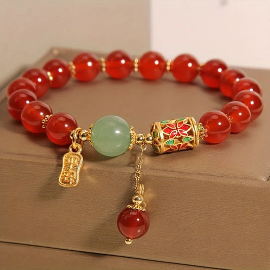 Retro Synthetic Agate Red Bead Bracelet – Lucky Charm Jewellery for Men & Women