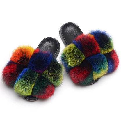 Women's Real Fox Raccoon Fur Slippers - Fluffy Pom Pom Slides Beach Sandals