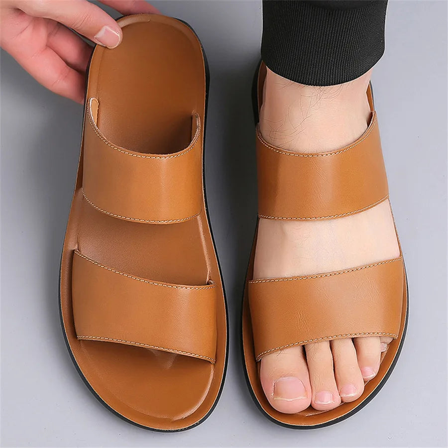 Men's Luxury Leather - Non-Slip Beach Sandals & Flat Casual Slides (Large Size 48) - Shello's Creative Boutique