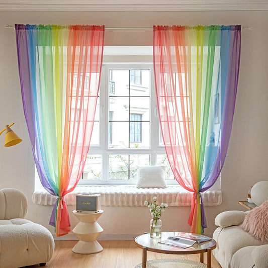 Rainbow Ombre Sheer Curtains - Colorful Gradient Voile Drapes for Bedroom - Shello's Creative Boutique